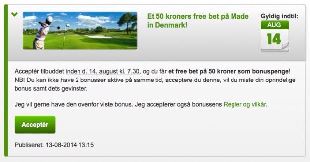 50 kr. freebet til golfturneringen Made in Denmark. Intet krav om indskud.