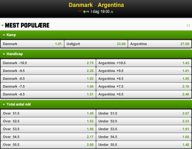 Få odds 3.00 på Danmark imod Argentina