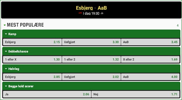 Esbjerg-AaB odds fra Unibet