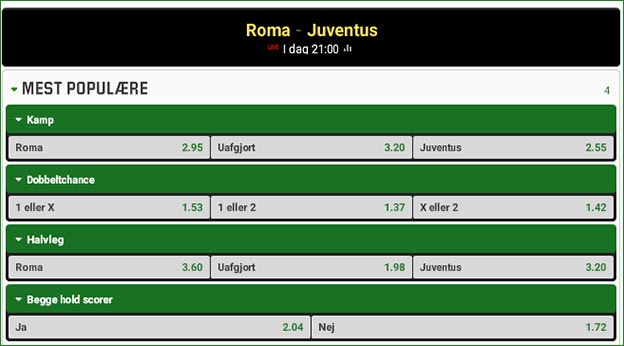 Roma-Juventus odds fra Unibet
