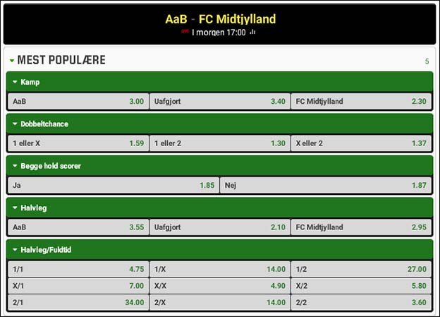 AaB-FC Midtjylland odds fra Unibet