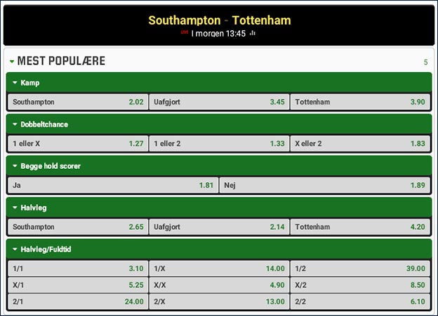 Southampton-Tottenham odds