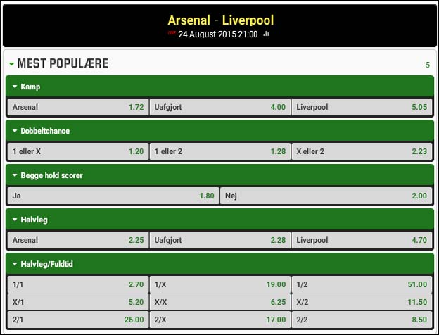 Odds på Arsenal-Liverpool fra Unibet