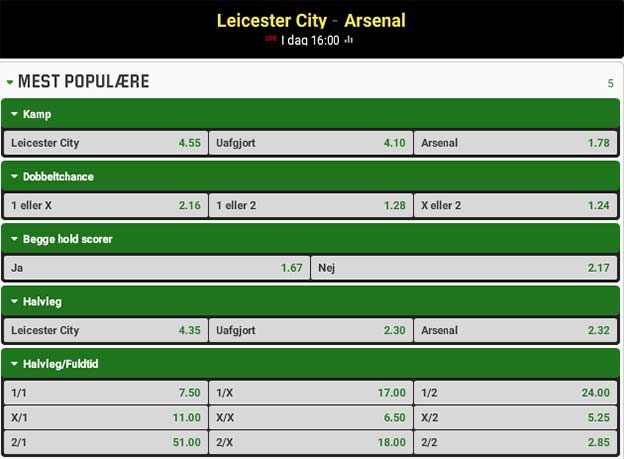 Odds på Leicester - Arsenal fra Unibet