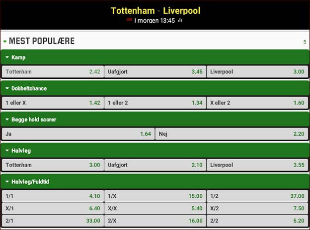 Tottenham-Liverpool odds fra Unibet