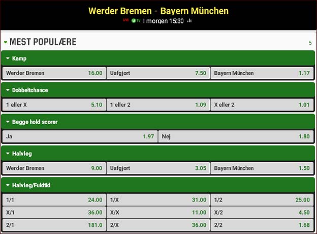 Werder Bremen-FC Bayern München odds fra Unibet