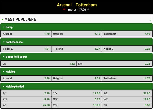 Arsenal-Tottenham -odds på lokalopgør i London fra Unibet