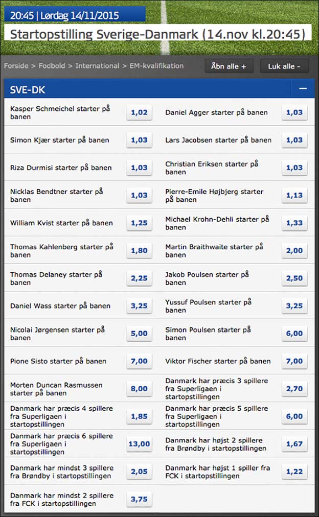Spil på Danmarks startopstilling i Sverige-Danmark