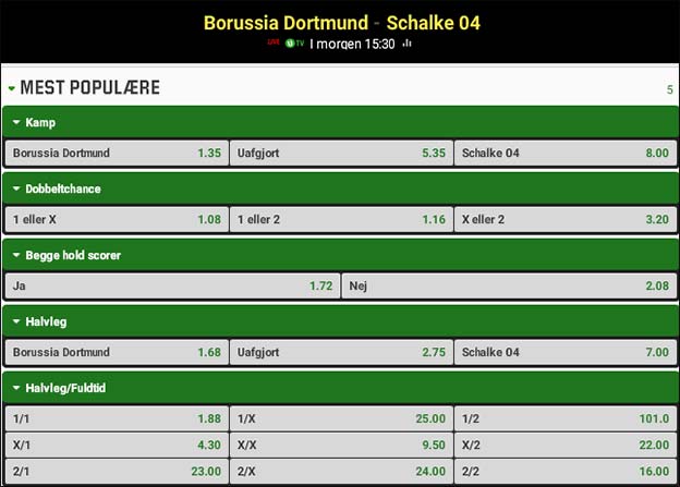 Dortmund-Schalke 04 lokalopgør odds fra Unibet