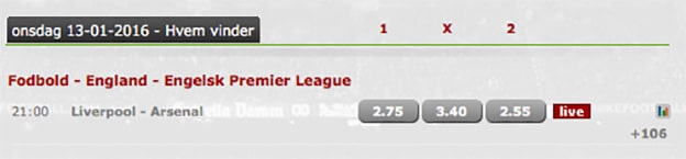 Odds på Liverpool-Arsenal fra Betsafe