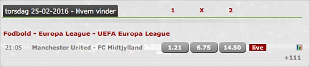 Odds på United-FCM i Europa League fra spiludbyderen Betsafe
