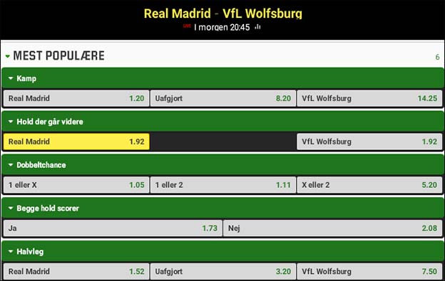 Få boostede odds på at Real Madrid går videre imod Wolfsburg