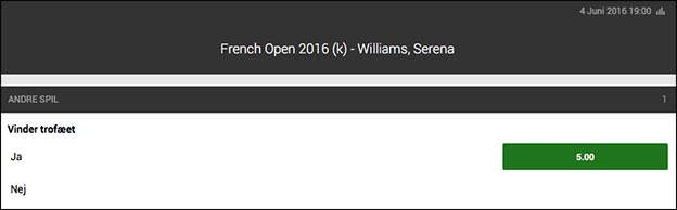 Få odds 5.00 på Serena Williams i French Open