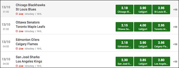 Unibet har et solidt udvalg af odds på NHL. Op til 100 forskellige væddemål til hver kamp