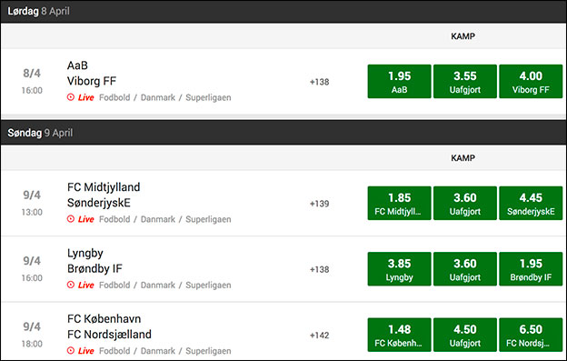 Spil live hos Unibet og få et 50 kr. freebet. Du kan naturligvis spille live på disse Superliga-kampe.