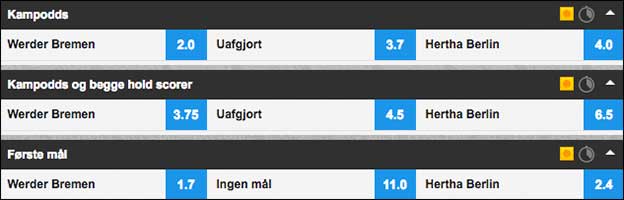 Werder Bremen-Hertha Berlin odds fra Betfair Sportsbook