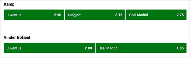 Odds på Champions League-finalen mellem Juventus og Real Madrid fra Unibet