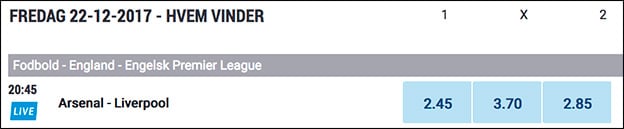 Se oddsene på Arsenal-Liverpool her