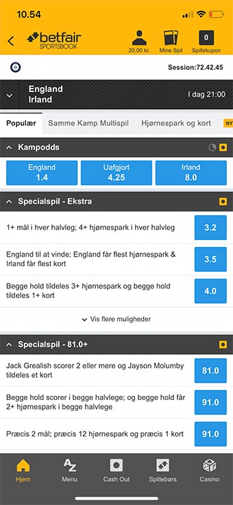 Betfair Sportsbook app'en fungerer fremragende